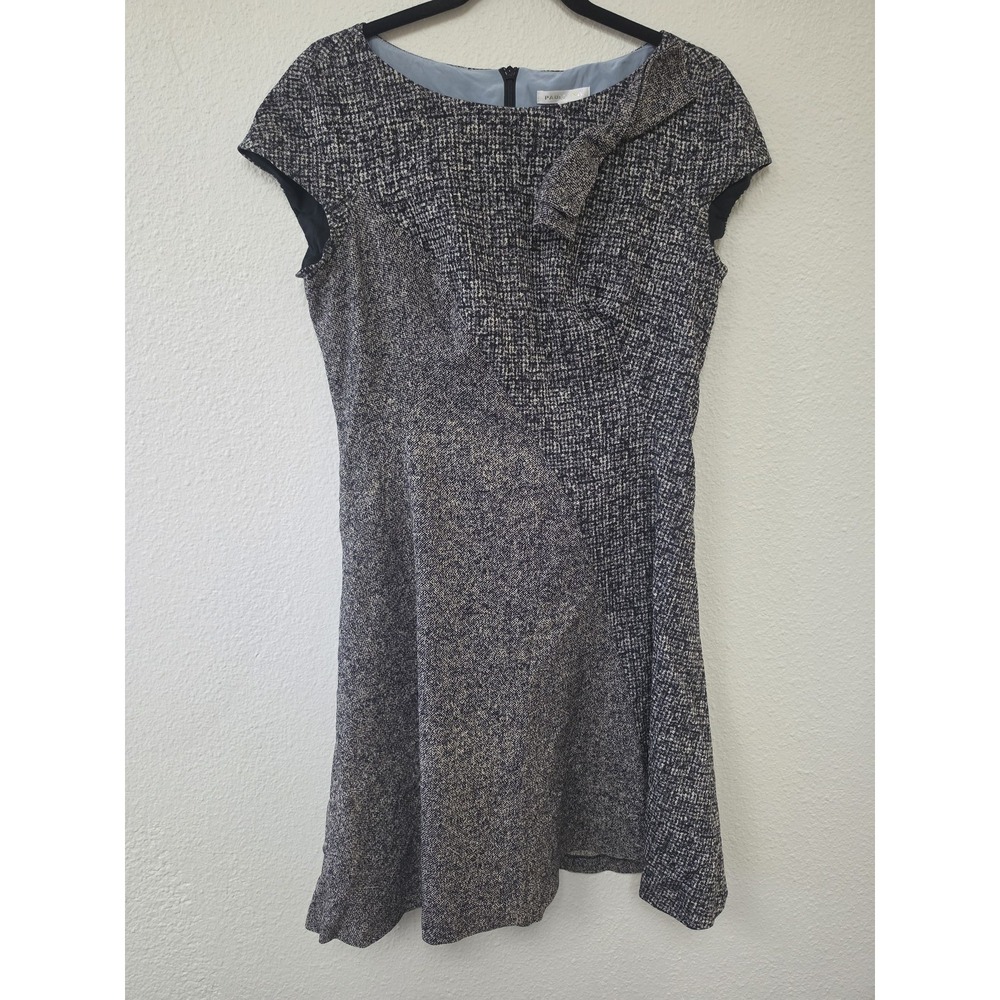 Paule Ka Silk Shift Dress Size 12 Black White Tweed Short Sleeve Round Neck Bow